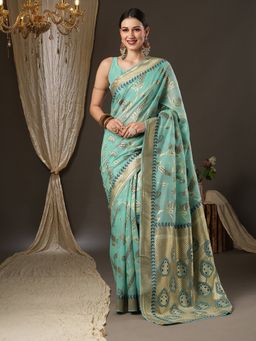 Akhilam - Womens Cotton Blend Sea Green Woven Design Designer Saree with Unstitched Blouse
