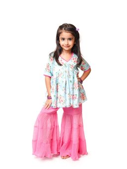Tiny Pants - Blue Satin Kurta With Pink Georgette Sharara (Set of 2)