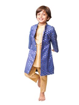 Tiny Pants - Blue Sherwani With Golden Kurta Pyjama (Set of 3)