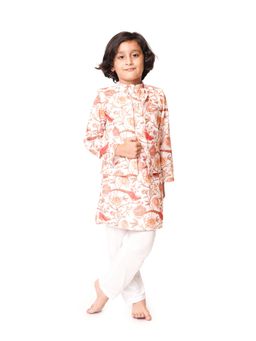 Tiny Pants - Off White Birdie Print Kurta Jacket With White Pyjama (Set of 3)