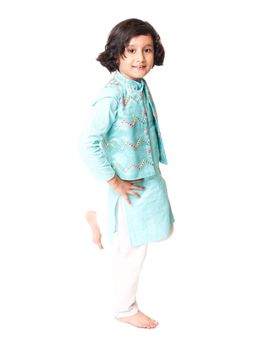 Tiny Pants - Sky Blue Embellished Jacket Kurta (Set of 3)