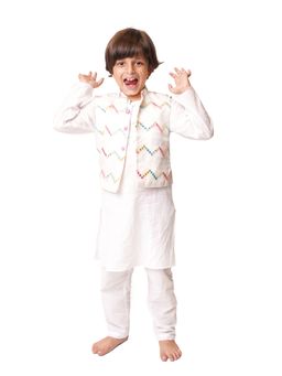 Tiny Pants - White Embellished Jacket Kurta With White Pyjama (Set of 3)