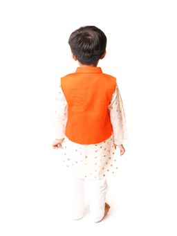 Tiny Pants - White Kurta Orange Jacket With White Pyjama (Set of 3)