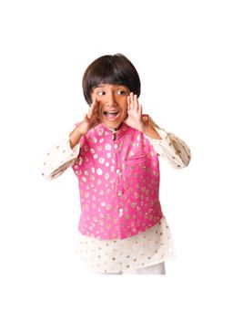 Tiny Pants - White Kurta Pink Zari Jacket With White Pyjama (Set of 3)