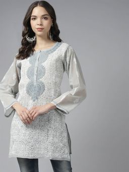 ADA - Hand Embroidered Grey Cotton Traditional Lucknowi Women Chikankari Kurti A273681