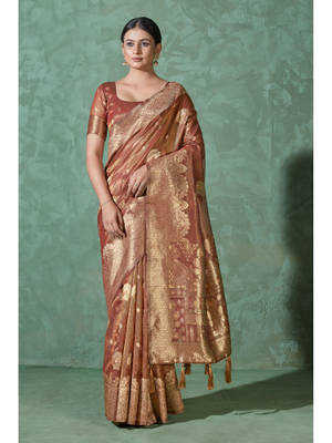 Buy Monjolika Fashion Rust Simar Silk Woven Designer Classic Saree