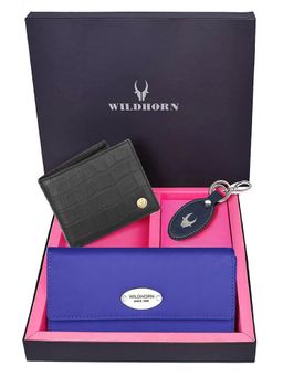 WILDHORN - Premium Leather Ladies Wallet, Mens Wallet and Keychain Gift -1K_BL_2052BKCR_K (Set of 3)