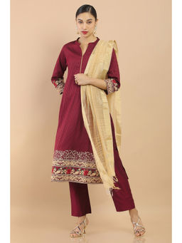 Soch - Maroon Chanderi Embroidered Suit Set (set Of 3)