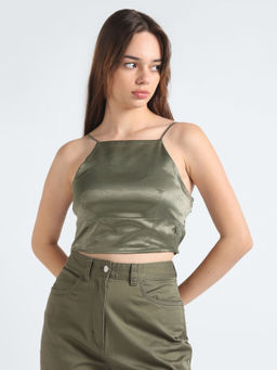 Calvin Klein - Green Regular-Fit Polyester Straps Neck Crop Top