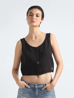 Calvin Klein - Black Regular-Fit Viscose V-Neck Crop Top