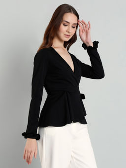 MISH - LUXE By MISH Black Regular Fit Wrap Style with Deep V-Neckline Top