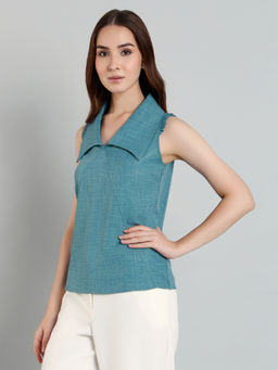 MISH - LUXE By MISH Blue Sleeveless Regular Fit with Stylized Collar Top