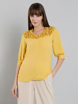 MISH - LUXE By MISH Yellow with Ruffle Detail On Neckline Top