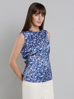 MISH - LUXE By MISH Blue Regular Fit, Floral Printed with Round Neckline Top
