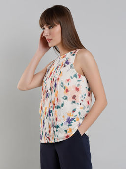 MISH - LUXE By MISH White Regular Fit, Floral Printed with Round Neckline Top