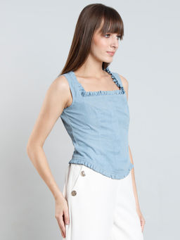MISH - LUXE By MISH Blue Sleeveless Regular Fit with Ruffle Detail Top