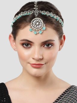 Karatcart - Gold Plated Light Blue Beads Studded Kundan Mathapatti for Women