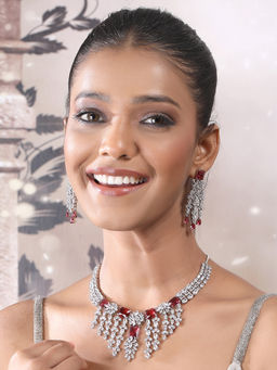 Auraa Trends - Red and Silver Necklace with Earrings
