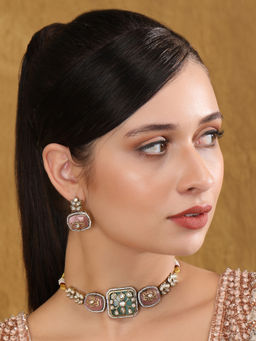 Auraa Trends - Pink and Green Stone Necklace with Earrings