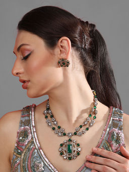 Auraa Trends - Green Two Tone Finish Zircon Necklace with Earrings