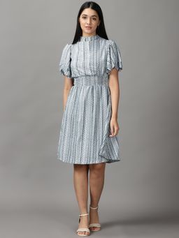 SHOWOFF - Womens High Neck Above Knee Green Printed Dress