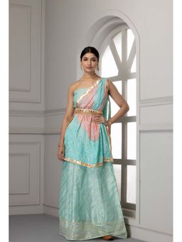 Geroo Jaipur - Light Blue Handcrafted Gota Work Chanderi Lehenga Set