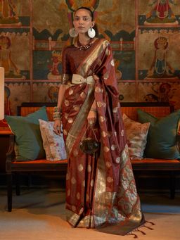 Akhilam - Womens Silk Blend Brown Woven Designer Saree with Unstitched Blouse