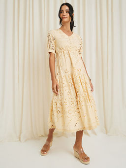 Styli - Women Beige Cotton Self Design Schiffli A-Line Midi Dress