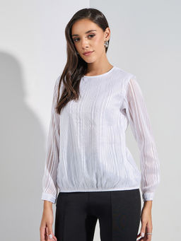 Styli Elevate - Women White Lurex Striped Round Neck Top
