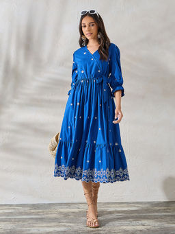 Styli - Women Blue Cotton Embroidered Midi Length Dress