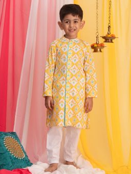 Vastramay - Boys Yellow and White Kurta with Pyjama (Set of 2)