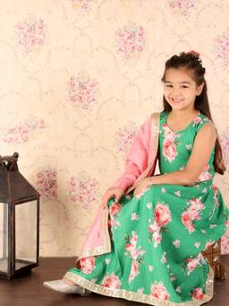Vastramay - Girls Green and Pink Sequins Floral Lehenga with Choli and Dupatta (Set of 3)