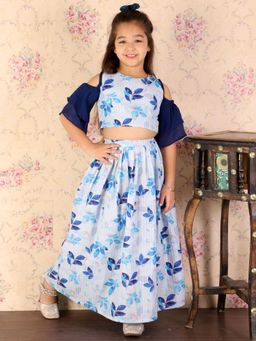 Vastramay - Girls Blue Sequins Floral Top and Skirt (Set of 2)