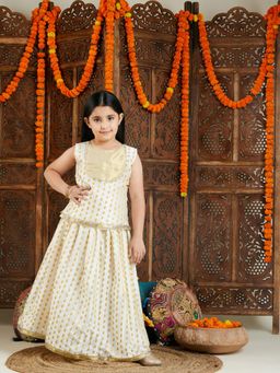 Vastramay - Girls Cream and Gold Lehenga and Choli (Set of 2)