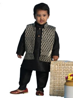 Vastramay - Infant Boys Black Silk Blend Jacket, Kurta and Pyjama