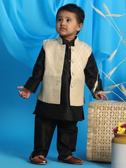 Vastramay - Infant Boys Cream and Zari Gold Silk Blend Nehru Jacket