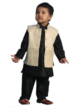 Vastramay - Infant Boys Beige Silk Blend Jacket, Kurta and Pyjama