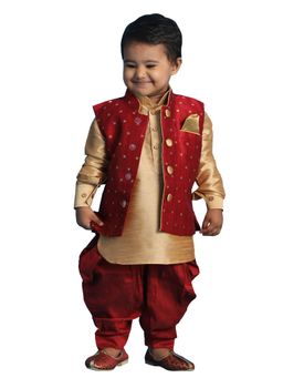 Vastramay - Infant Boys Maroon and Jacket, Kurta and Dhoti Pant