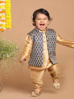 Vastramay - Infant Boys Silk Blend Navy Blue Jacket, Kurta and Pyjama