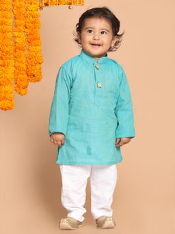 Vastramay - Infant Boys Cyan White Pure Cotton Kurta with Pyjama