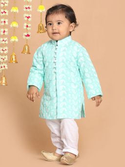 Vastramay - Infant Boys Green and White Pure Cotton Kurta with Pyjama