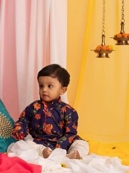 Vastramay - Infant Boys Navy Blue and Cream Kurta with Pyjama