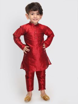 Vastramay - Infant Boys Maroon Silk Blend Kurta Pyjama