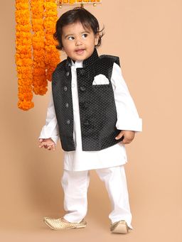 Vastramay - Infant Boys White Cotton Kurta and Pyjama with Blue Jacket