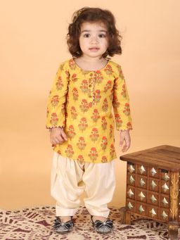 Vastramay - Infants Mustard and Cream Linen Kurta with Patiala