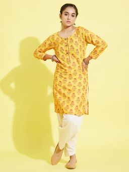 Vastramay - Girls Mustard and Cream Kurta with Patiala