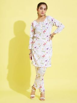 Vastramay - Girls Floral Cream Kurta and Pant