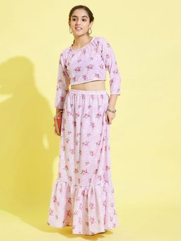Vastramay - Girls Floral Base Pink Skirt with Top