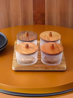 UMAI - Glass Bowl with Acacia Wood Lid Tray (Pack of 4), 150 ml