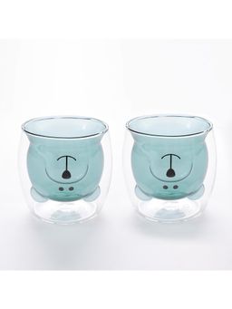 Kuber Industries - Cute Teddy Bear Borosilicate Double Wall Glass Cups - 250ml, Blue (Pack of 2)